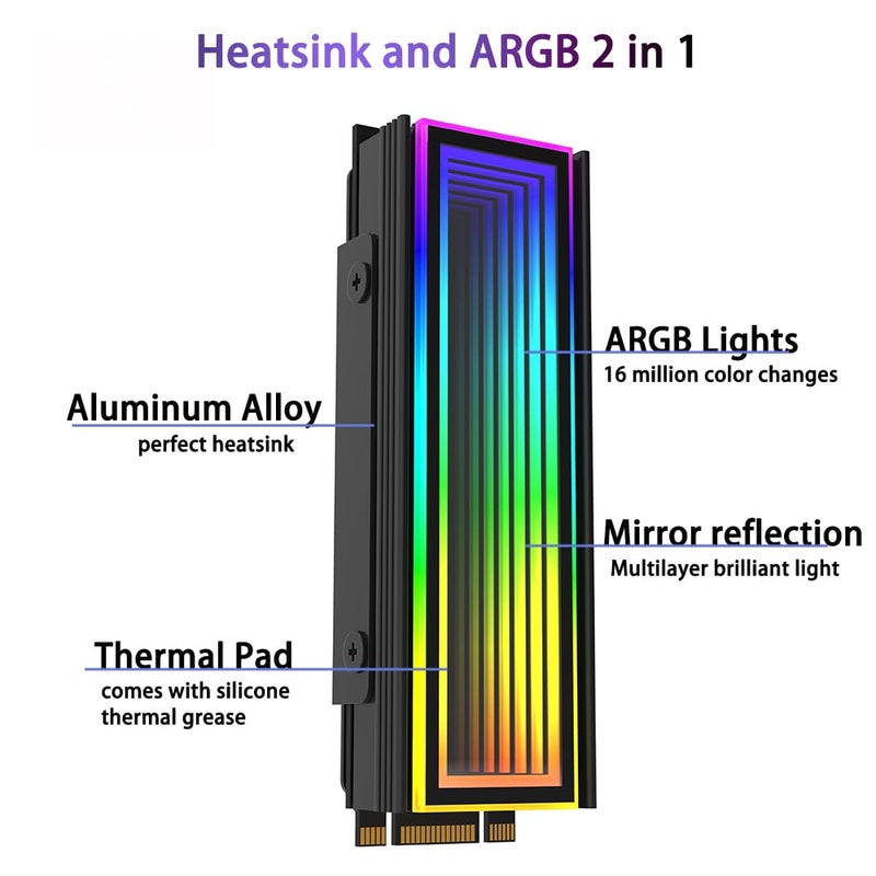 OwlTree ARGB M.2 Heatsink SSD Heat Sink with Thermal Pads, Aluminum 2280 M2 5V 3Pin Addressable RGB Sync OPENRGB NVME Heatsink for M.2 2280 Nvme SSD - Image 4